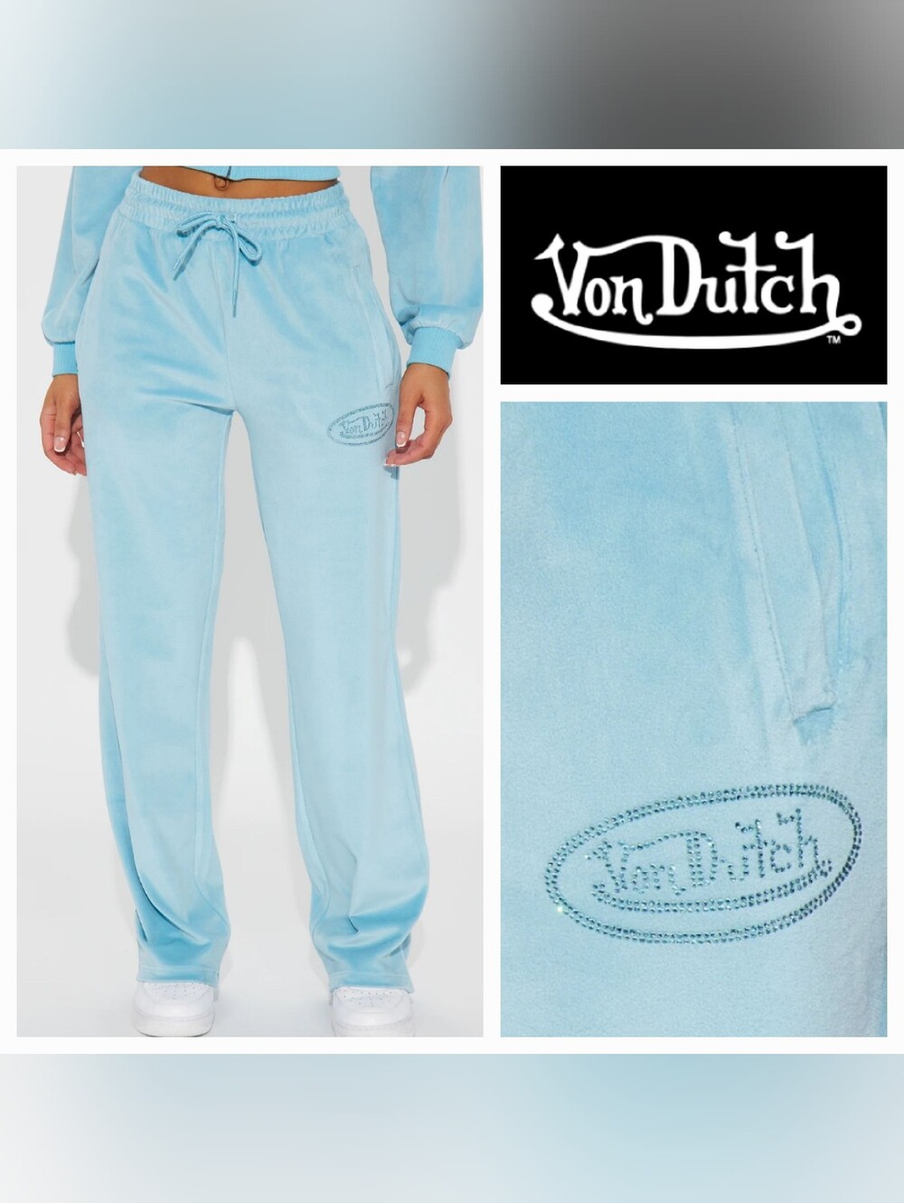 Von Dutch Women’s Blue Velour Rhinestone Logo Y2K Retro Wide Leg Sweatpants Sz L